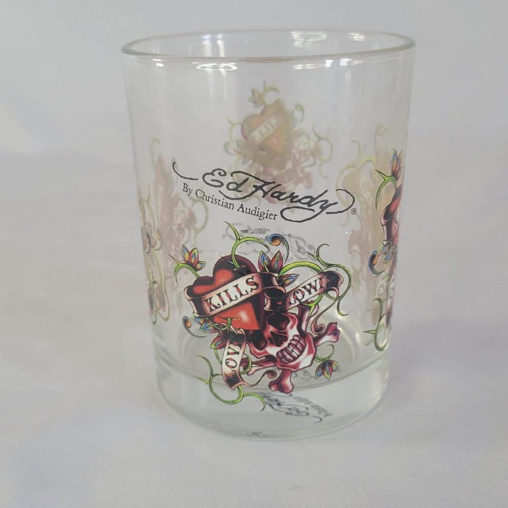 Ed Hardy by Christian Audigier Drinking Rocks Glass 12 Oz Love Kills Slowly Y2K